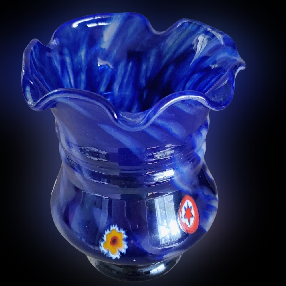 Art Glass Millefiori Hand Blown Blue Scalloped Vase 5"
